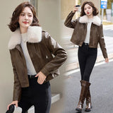 thanksgiving outfit Dodobye Women's Autumn Winter New Style Leather Jacket Large Collar Fleece Lined And Thickened Petite Jacket PULeather ZH1138