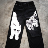 Dodobye 90s Streetwear Y2K Gothic Heavy Print Pattern Pants Cat Mid Waist Straight Couple Harajuku Street Casual New Fashion Retro Wide Leg Pants Jeans