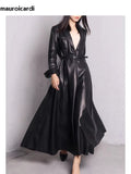 christmas outfit Dodobye Spring Black Maxi Skirted Faux Leather Trench Coat for Women Extra Long Elegant Luxury Designer Clothes Overcoat