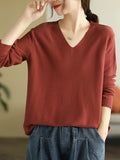 christmas outfit Dodobye Long Sleeves Loose Solid Color V-Neck Sweater Tops