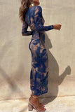 Dodobye-Stylish tie-dye mesh overlay printed long-sleeve ruffled stretch maxi dress