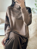 christmas outfit Dodobye Long Sleeves Loose Contrast Color High Neck Pullovers Sweater Tops