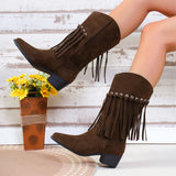 Dodobye New Women Vintage Fringe Boots Low Chunky Heel Pointed Toe Winter Boots High Quality Female Western Cowboy Boots Platform Shoes