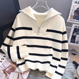 Black Friday Dodobye Korean Striped Knit Pullover Women Half Zip Casual Loose Lazy Autumn Winter Jumpers Pretty Style Basic Warm Female Sweater