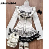 Dodobye Cute Soft Girl Style Gray White Checkered Lace Patchwork Short Skirt Bow Waist Cinching Patchwork Top Autumn Y2k Sets