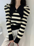 Dodobye-Striped Puff Sleeve Knit Sweater