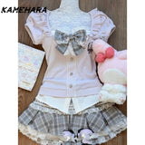 Dodobye Sweet and Spicy College Department Soft Girl Fake Two Pink Purple Checkered Top Grey High Waist Half Skirt 2 Piece Sets