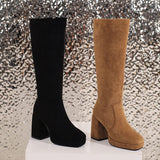 thanksgiving outfit Dodobye Women Knee High Boots Flock Suede Round Toe Block Heels 9cm Platform 2cm Slip On 45 46 47 Concise Daily Female Booties