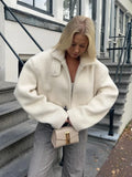 christmas outfit Dodobye 2024 New White Chic Women's Lamb Wool Cropped Coat Fashion Loose Zipper Lapel Full Sleeved Jackets Female Warm Casual Streetwear