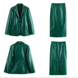 thanksgiving outfit Dodobye 2024 Autumn New Arrival Women's Leather Green Straight Cut Suit Jacket With Split Side Skirt Medium Length Dress Set