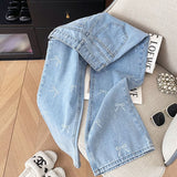 Dodobye Fashion Bow Print Jeans Women High Waist Loose Sweet Casual Denim Pants Korean Chic All Match Female Fall Straight Pants