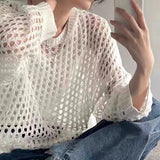 Dodobye Women Hollow Out Loose Shirt Long Sleeve Chic T-shirts O-Neck Casual Knit Tees See Through Tops For Women 2024 Spring