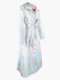 christmas outfit Dodobye Spring Long Shiny Reflective Holographic Silver Faux Leather Trench Coat for Women with Hood Zip Up Y2K Streetwear