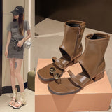 Dodobye New Niche Design Sense Metal Buckle Decorative Women's Sandals Summer Chunky Heel Cool Hollow Side Zipper Toe Short Boots