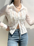 Dodobye-Ruffle Trim Sheer Mesh Long Sleeve Blouse