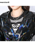 christmas outfit Dodobye Spring Soft Thin Flowy Shiny Reflective Holographic Black PVC Faux Leather Trench Coat for Women Maxi Y2K Streetwear