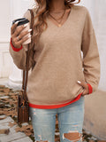 christmas outfit Dodobye Long Sleeves Loose Contrast Color V-Neck Pullovers Sweater Tops