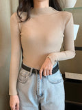 christmas outfit Dodobye Casual Skinny Long Sleeves Solid Color High-Neck Sweater Tops