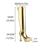 thanksgiving outfit Dodobye 14.5cm Block Heel 5cm Platform Over Knee Thigh High Boots Pointed Toe Faux Leather Gold Big Size 47 48 US17