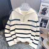 Black Friday Dodobye Korean Striped Knit Pullover Women Half Zip Casual Loose Lazy Autumn Winter Jumpers Pretty Style Basic Warm Female Sweater