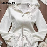 Dodobye Sweet Girl Cute Hooded Ear Set Lace Up Hoodie Jacket Fashionable High Waisted Cake Skirt Spring Autumn Y2k 2 Piece Set