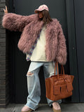 christmas outfit Dodobye New Fashion Burgundy Oversized Fluffy Faux Fur Coat 2024 Chic Women O-neck Long Sleeved Warm Jacket Winter Lady Loose Streetwear