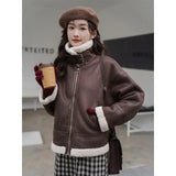 thanksgiving outfit Dodobye Lamb Wool Jacket For Women 2024 New High-End Thickened Color Blocking Splicing Warm Leather Integrated Winter Loose Fit