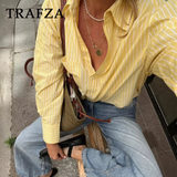 thanksgiving outfit Dodobye 2024 Spring Summer Casual Women Shirts Fashion Vintage Striped Thin Turn-down Collar Single Breasted Yellow Casual Shirts