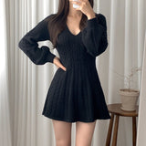 Dodobye V Neck Elegant Knitted Dress Women Sexy Slim Lantern Sleeve Sweet Mini Dress Korean Fashion Casual Female A Line Dress Fall