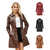 thanksgiving outfit Dodobye New Fashionable Medium-length Genuine Leather Coat Belt Long Sleeve For Spring Autumn Women's Leather Jacket 6652