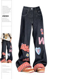 Dodobye Women's Blue Patchwork Baggy Y2k Jeans Harajuku Denim Trousers Streetwear Aesthetic Y2k Jean Pants Vintage 2000s Trashy Clothes