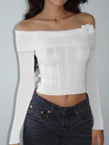 Dodobye-Solid Flower Decor Off Shoulder Sweater