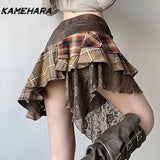 Dodobye E-girl Gothic Y2k Irregular Grid Splicing V-shape Waist Plaid Skirt Retro Personalized Lace Short Skirt Female Clothing