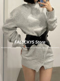 Dodobye American Retro Spice Girl Knitted Dress Women Casual Grey Long Sleeve Short Hoodie Dress + Slim Black Belt Autumn 2 Piece Set