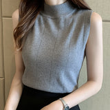 Black Friday Dodobye Solid Elegant Vest Women Fashion Blue Soft Elastic Half High Neck Sweater Office Lady Slim Korean Knitted Sleeveless Basic Tops