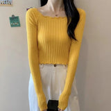 Black Friday Dodobye Autumn Slim Knitted Crop Sweaters Women Fashion Solid Long Sleeve Square Collar Pullovers Korean All Match Chic Casual Sweaters