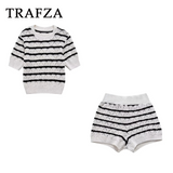 thanksgiving outfit Dodobye 2024 Spring Summer Beach Style knitted Women Suits Fashion Striped Hollow Out Short Shirts+Elastic Waist Mini Shorts