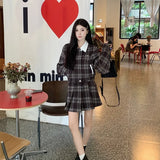 thanksgiving outfit Dodobye 2024 Autumn New Women's Plaid Jacket And Skirt Set Chic Vintage Simple Style With Leather Belt Fashion Dress Outfit