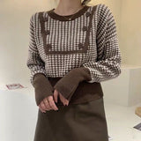 Dodobye Houndstooth Vintage Sweaters Women Long Sleeve Casual Patchwork Knitted Jumpers Korean Loose O Neck Retro Buttons Pullovers