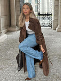 christmas outfit Dodobye 2024 New Elegant Suede Lapel Overcoat With Belt Chic Double-breasted Full Sleeve Long Jacket Autumn Female Commute Outwear