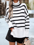 christmas outfit Dodobye Long Sleeves Loose Contrast Color Split-Side Striped High Neck Pullovers Sweater Tops