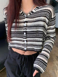 Dodobye-Button Front V Neck Striped Knit Crop Top