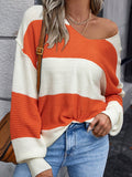 christmas outfit Dodobye Long Sleeves Loose Contrast Color Split-Joint Striped V-Neck Pullovers Sweater Tops