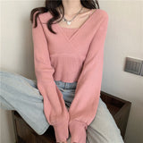 Black Friday Dodobye Autumn Fake Two-Piece Sweater Women Knitted Solid Slim Long-Sleeved Pullover Fashion Casual Sweet Pretty Style Female Tops