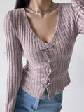 Dodobye-Solid Ribbed V Neck Twist Front Long Sleeve Knit