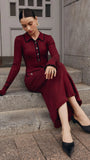 christmas outfit Dodobye 2025 Fashion Burgundy Lapel Ruffles Knitted Midi Dress Women's Elegant Skinny Buttons Flare Sleeved Robe New Female Chic Vestido