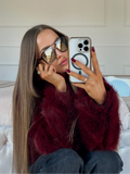 christmas outfit Dodobye Burgundy Red Chic Women's Fluffy Faux Fur Short Jacket Women Elegant Lapel Long Sleeve Plush Coat Female Warm Cropped Streetwear