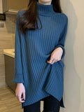 christmas outfit Dodobye Casual Long Sleeves Loose Split-Side Solid Color High-Neck Sweater Tops