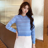 Black Friday Dodobye O-Neck Striped Sweater Women Knitted Long Sleeve Sweet Cropped Slim Thin Jumpers Spring Fall Fashion Casual Chic Basic Tops