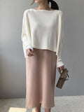 christmas outfit Dodobye Batwing Sleeves High-Low Solid Color Boat Neck Knitwear Pullovers Sweater